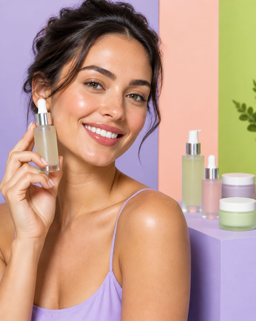 A skincare advert: a woman holding a serum bottle on a lavender, peach and lime set.
